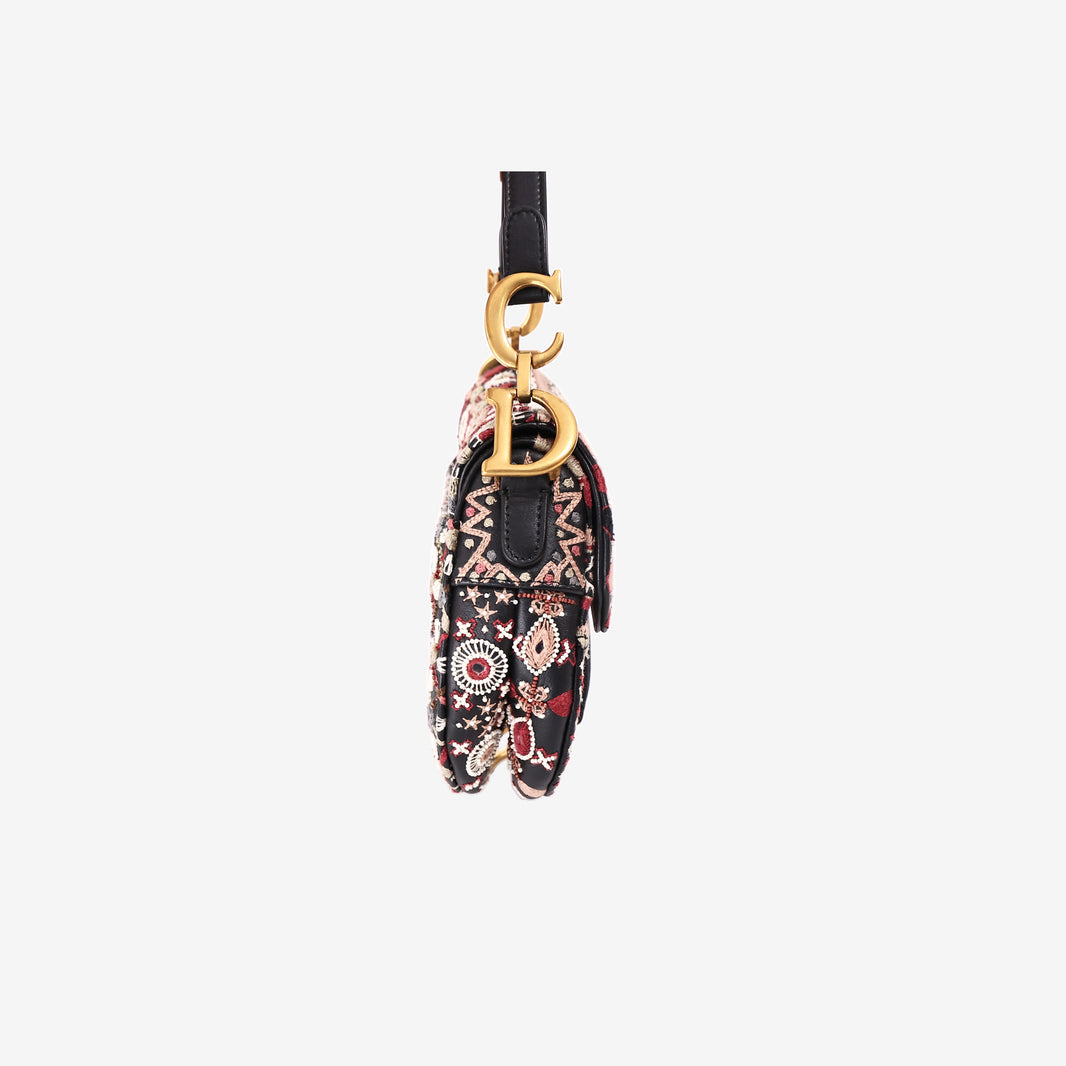 Christian Dior Mini Saddle Bag in Black/Burgundy/White Embroidered Canvas with Gold Hardware