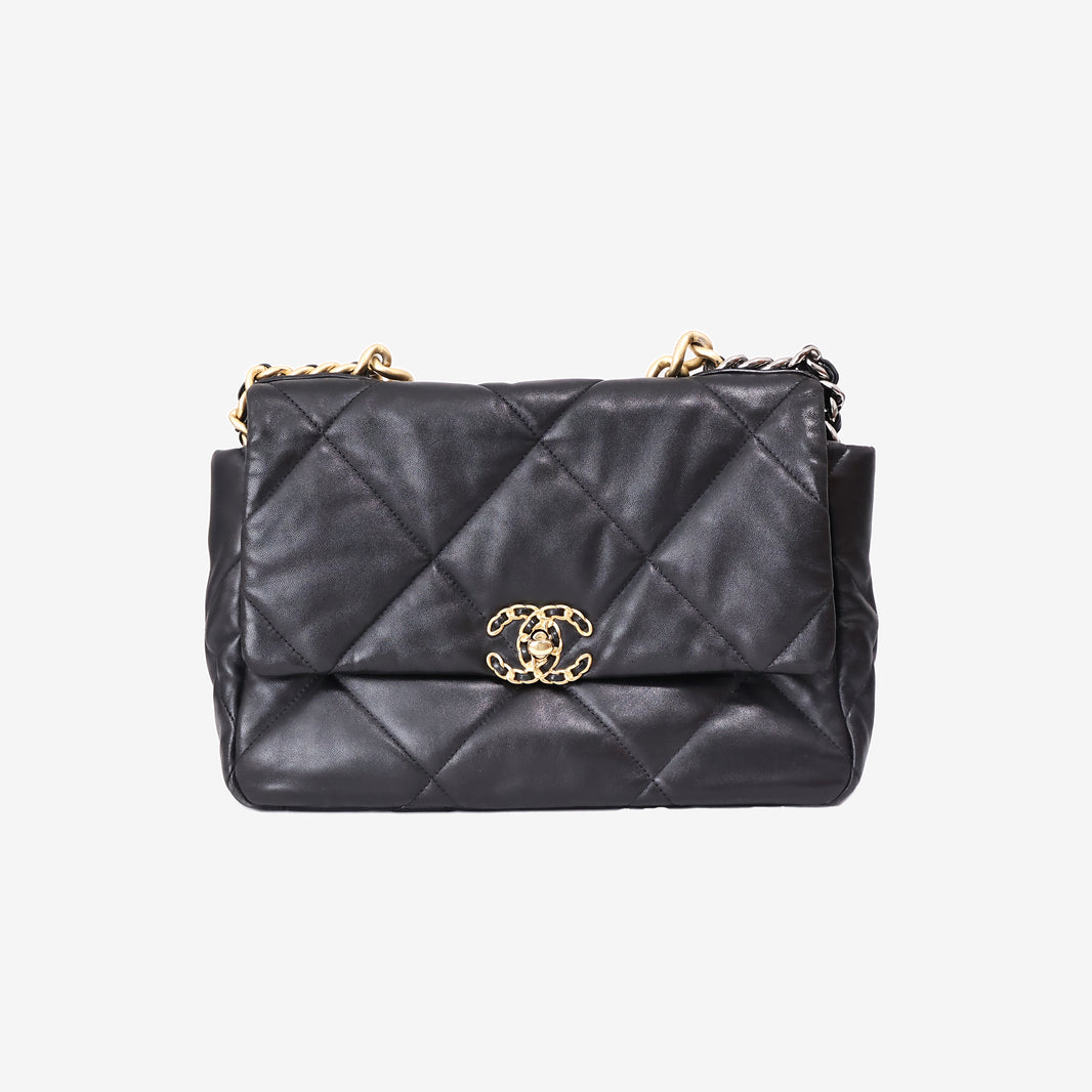 Chanel 19 Medium Flap Bag in Black Goatskin Leather with Mixed Hardware front view