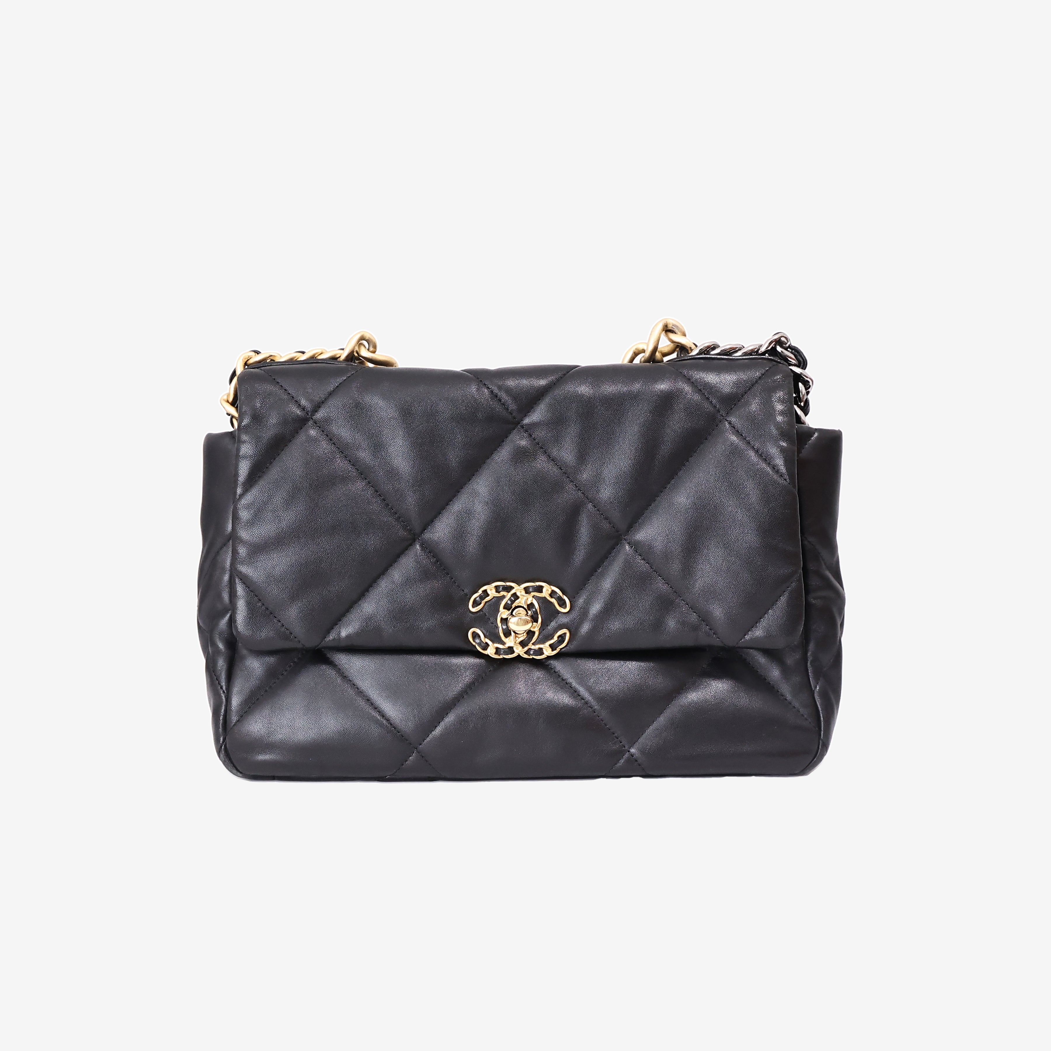 Chanel 19 Medium Flap Bag in Black Goatskin Leather with Mixed Hardware front view