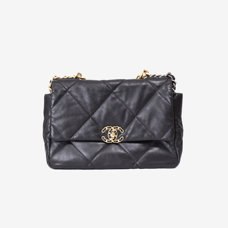 Chanel 19 Medium Flap Bag in Black Goatskin Leather with Mixed Hardware front view