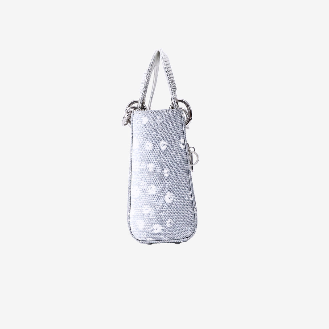 Dior Mini Lady Dior in White/Grey Lizard Leather with Silver Hardware