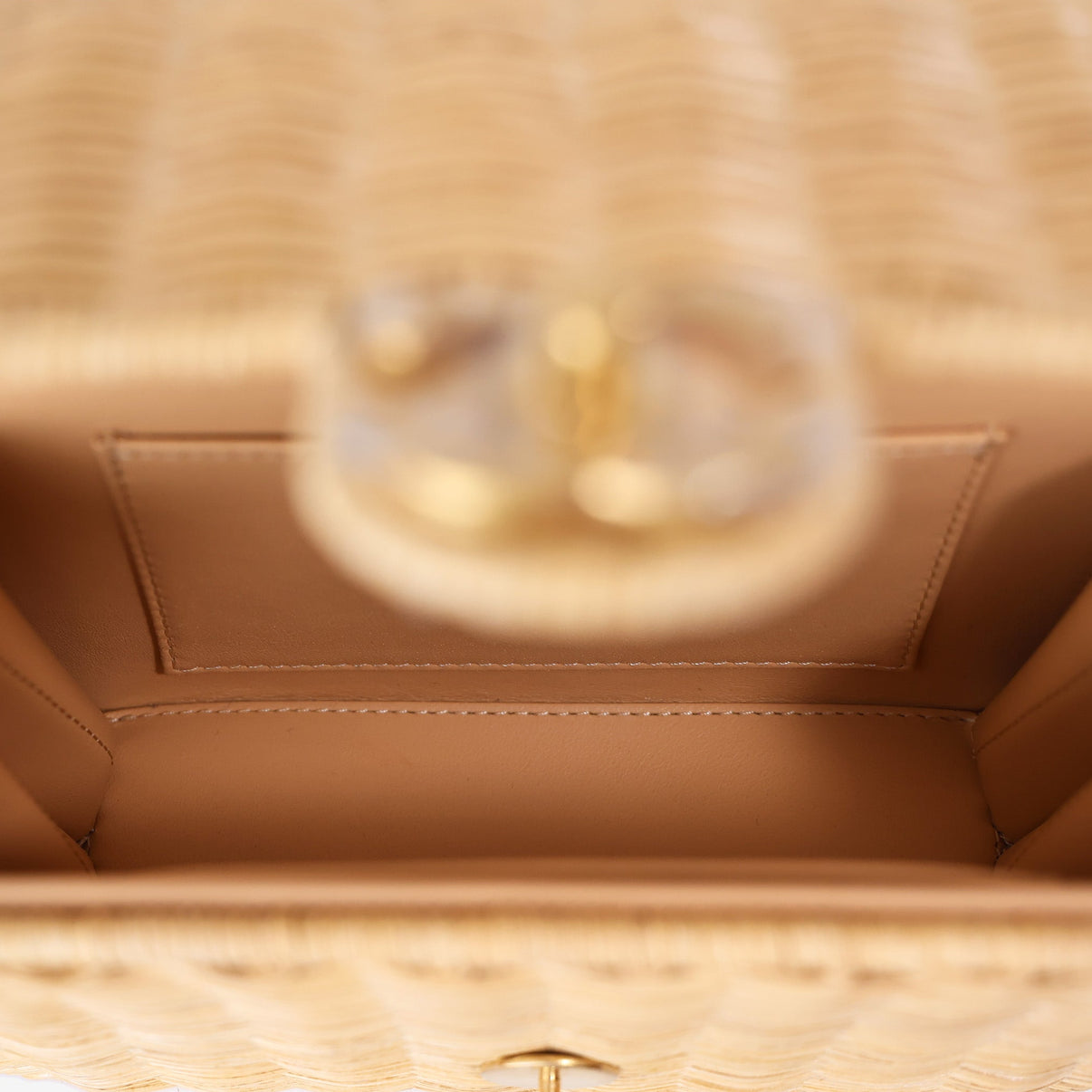 Chanel Mini Flap Bag with Top Handle in Beige Braided Rattan with Gold Hardware interior view