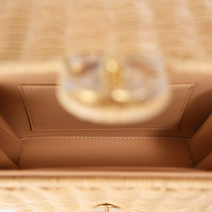 Chanel Mini Flap Bag with Top Handle in Beige Braided Rattan with Gold Hardware interior view