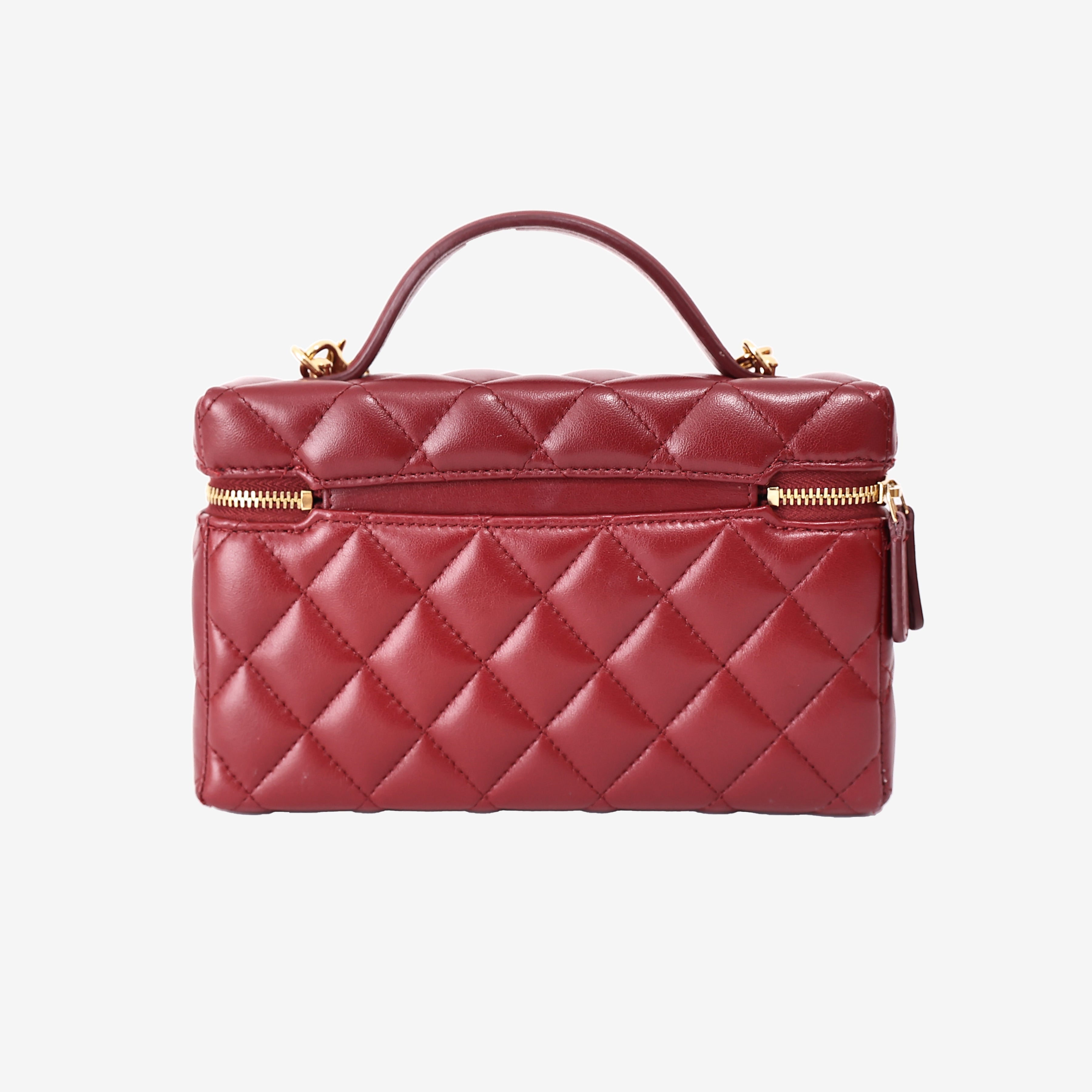 Chanel Vanity Bag with Top Handle in Burgundy Lambskin Leather with Gold Hardware back view