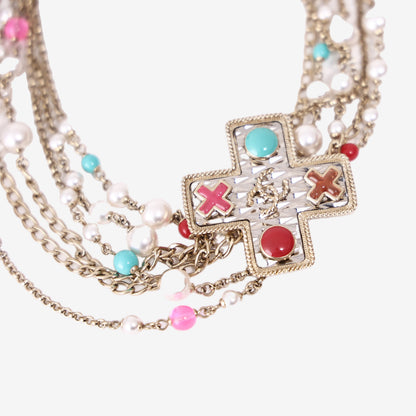 Chanel Faux Pearl Cross Gripoix Multistrand CC Choker in Gold-Tone Metal