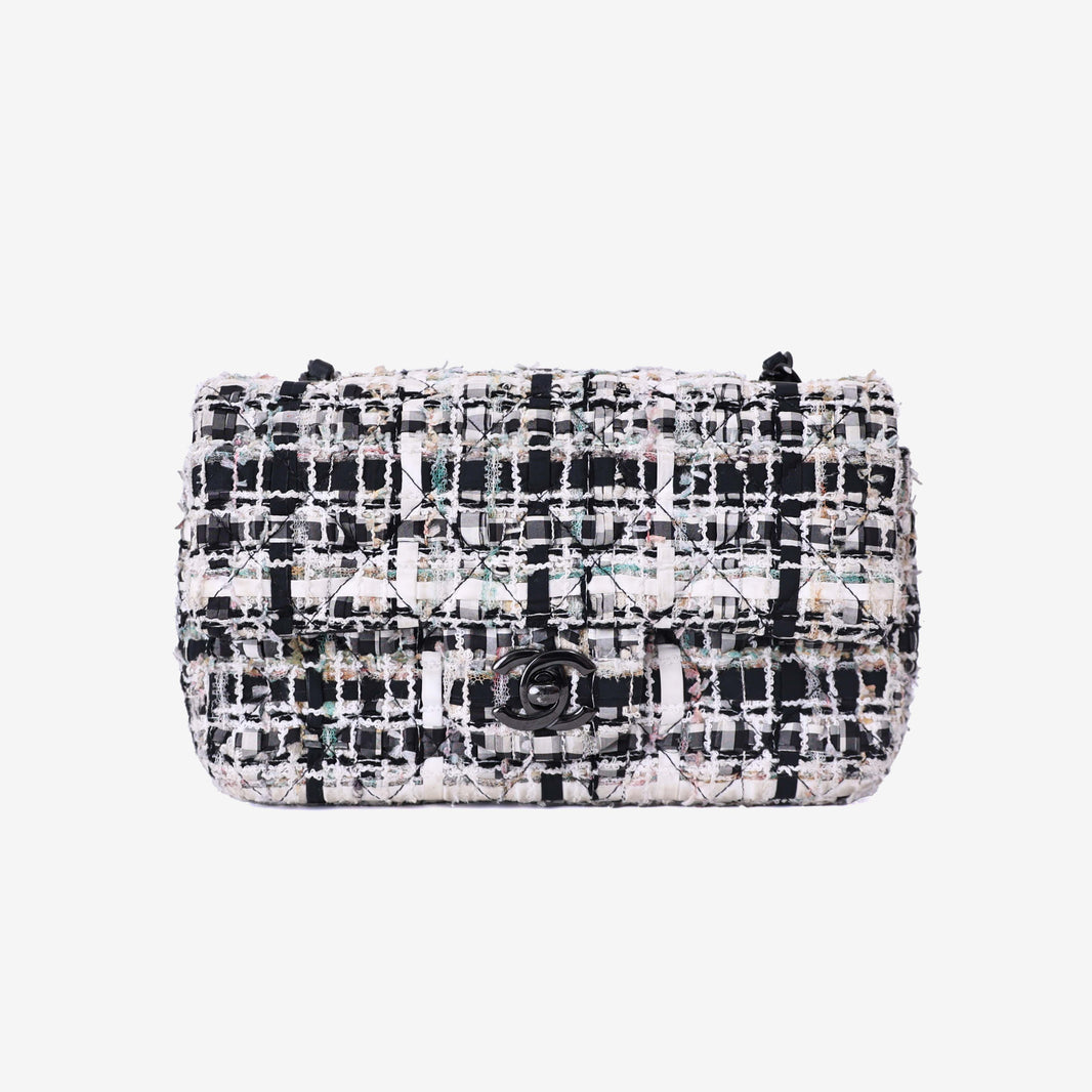 Chanel Classic Flap Bag in Black/White Tweed Leather with So Black Hardware front view