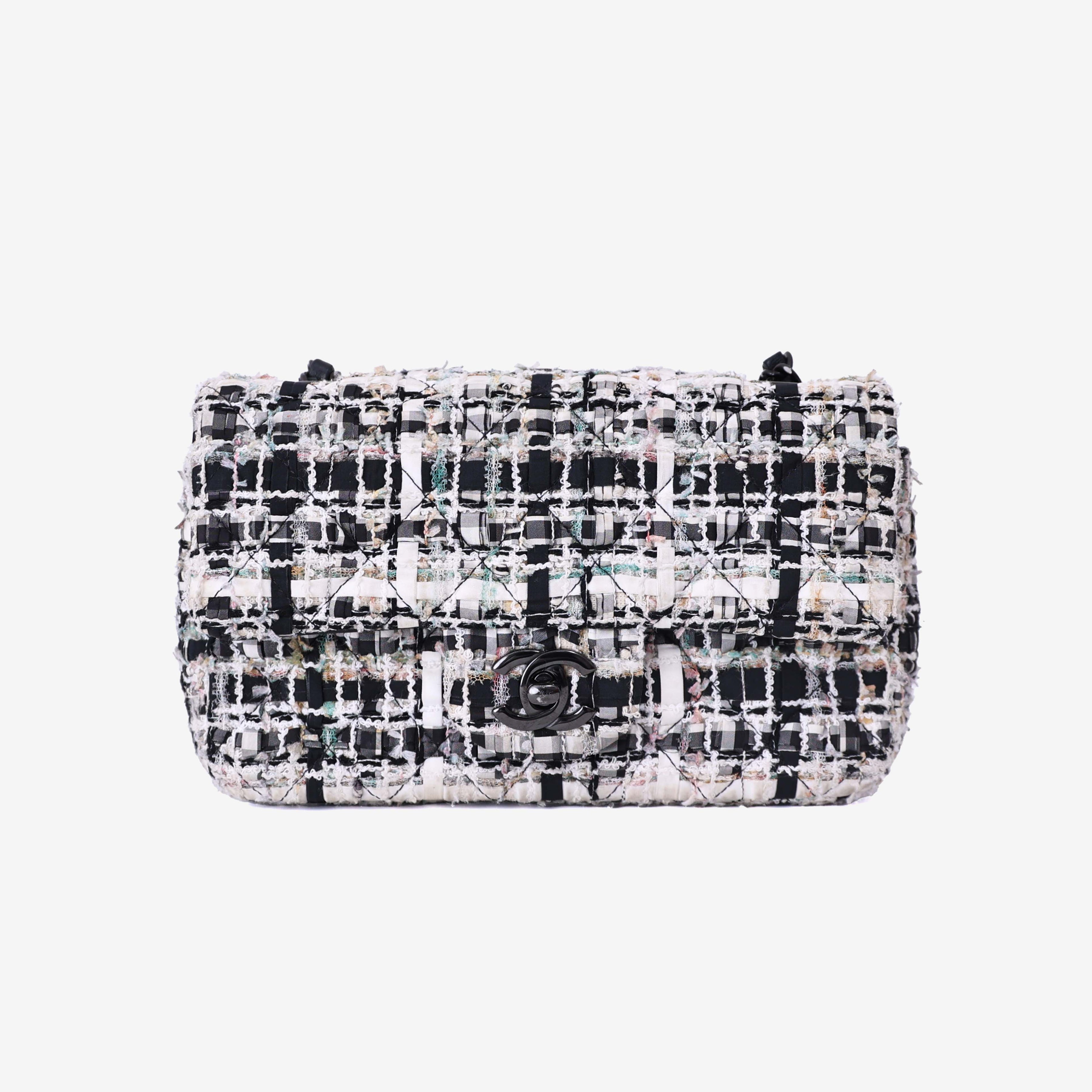 Chanel Classic Flap Bag in Black/White Tweed Leather with So Black Hardware front view
