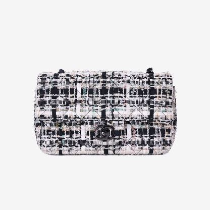 Chanel Classic Flap Bag in Black/White Tweed Leather with So Black Hardware front view