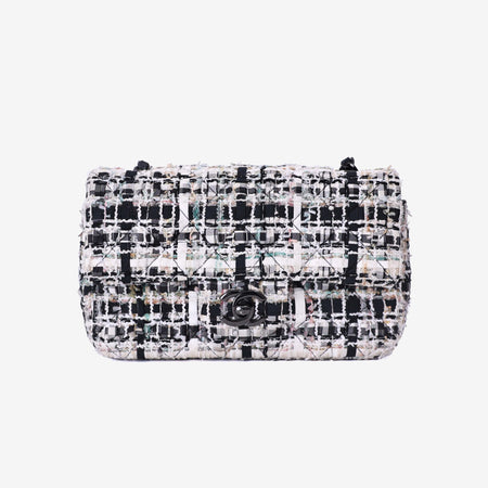 Chanel Classic Flap Bag in Black/White Tweed Leather with So Black Hardware front view