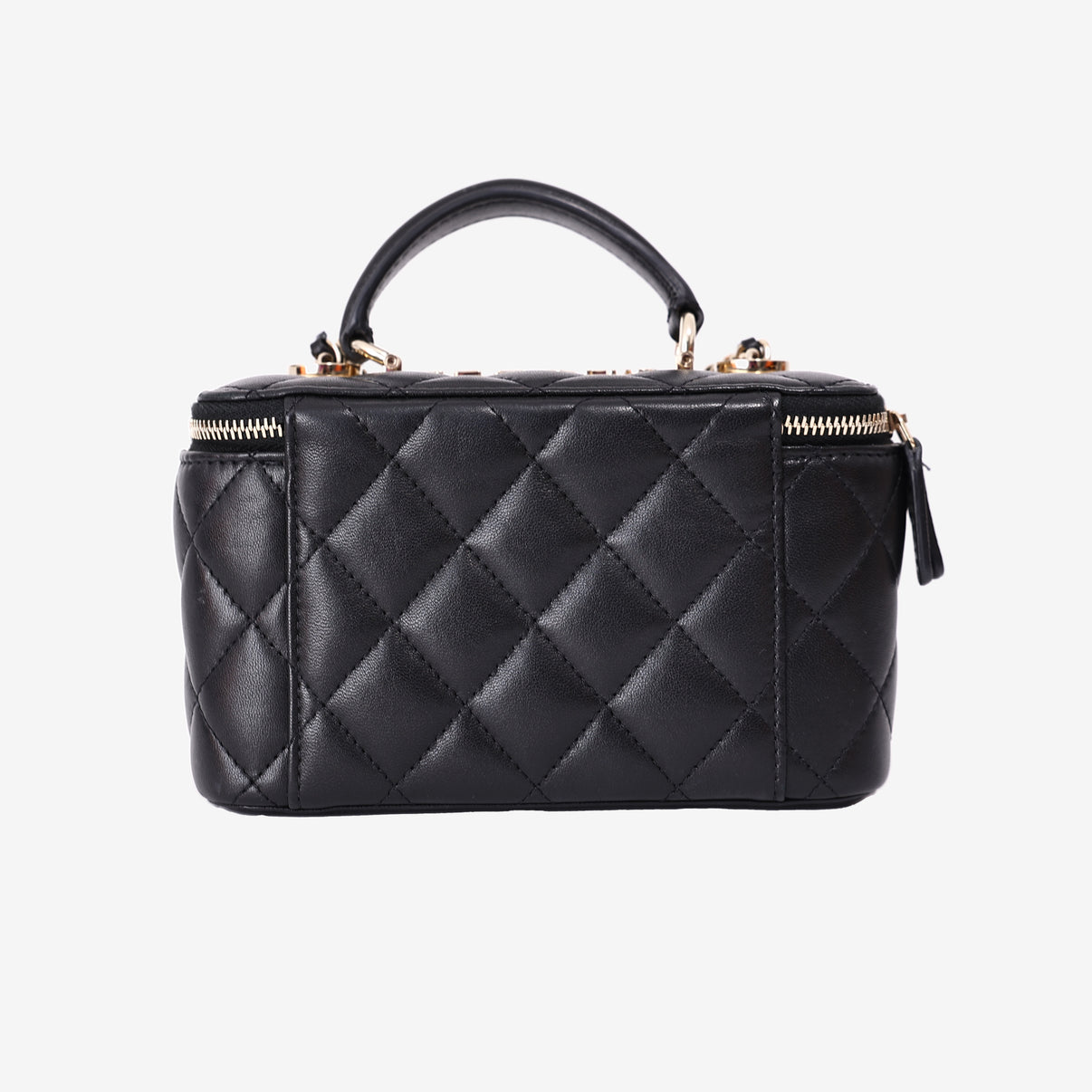 Chanel Small Vanity Case with Top Handle in Black Lambskin Leather with Gold Hardware back view