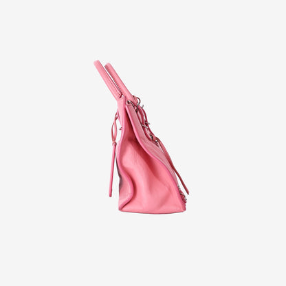 Balenciaga Papier Mini Glitter Distressed Lambskin Top Handle Crossbody Bag in Pink with Silver Hardware