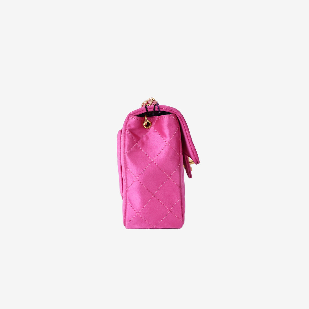 Chanel Satin Mini Classic Flap Bag in Fuchsia Pink with 24K Gold-Plated Hardware