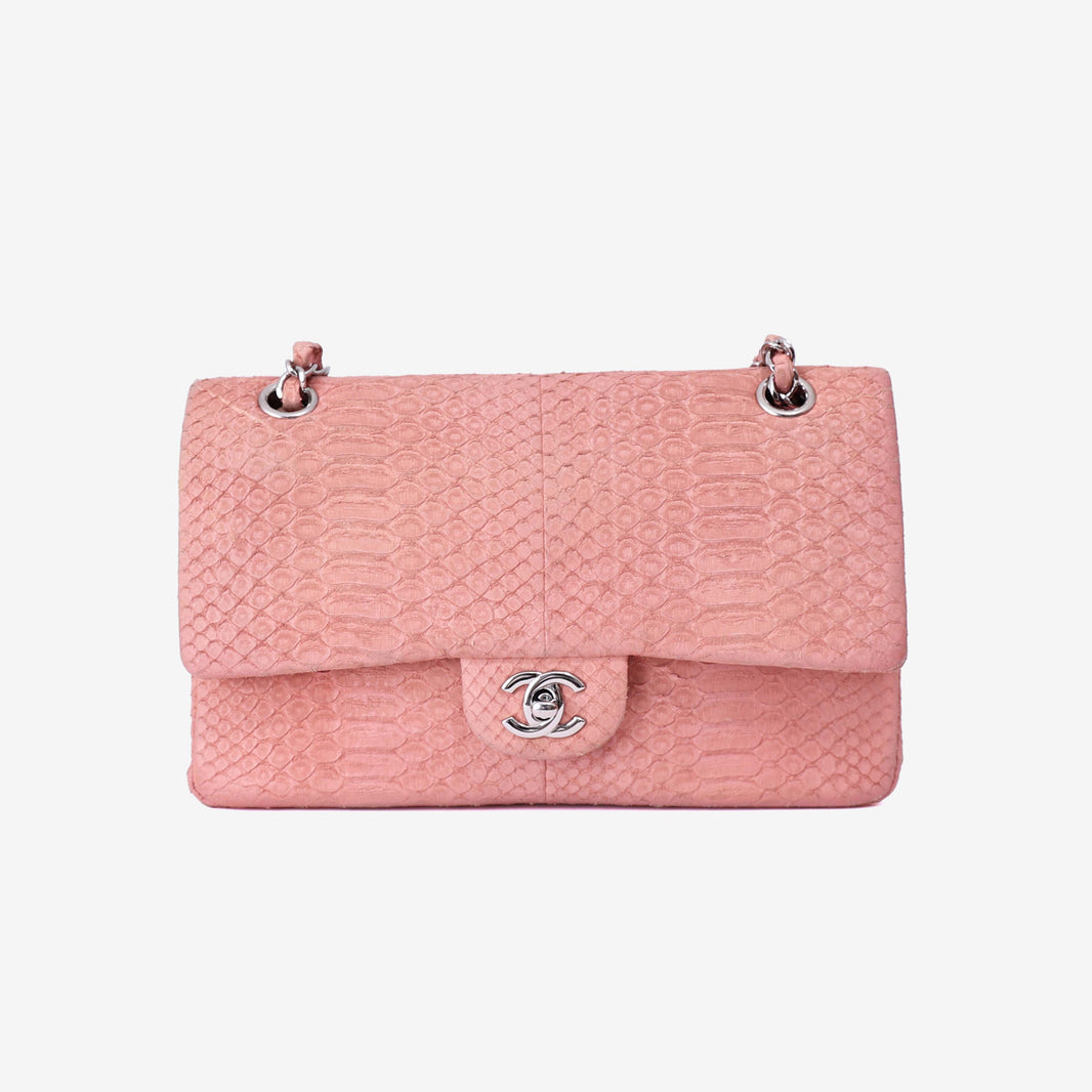 Chanel Classic Double Flap in Pink Python Leather with Silver Hardware front view