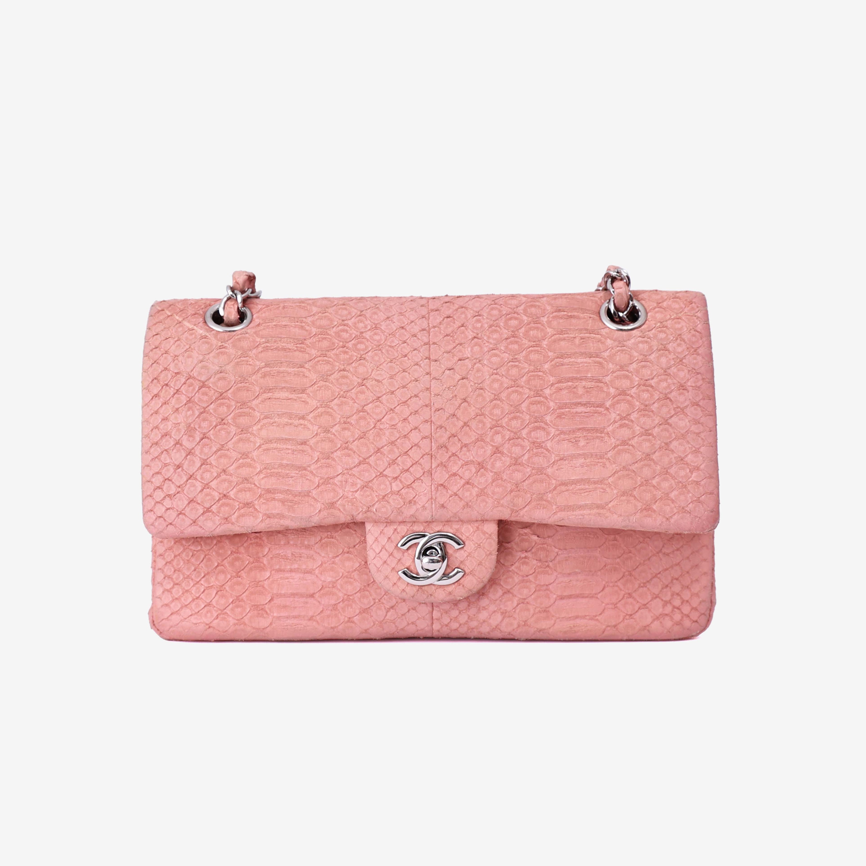 Chanel Classic Double Flap in Pink Python Leather with Silver Hardware front view