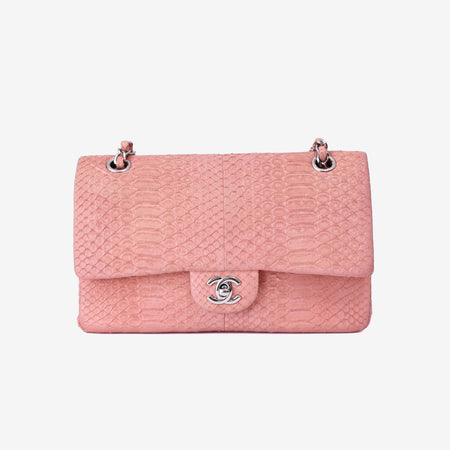 Chanel Classic Double Flap in Pink Python Leather with Silver Hardware front view