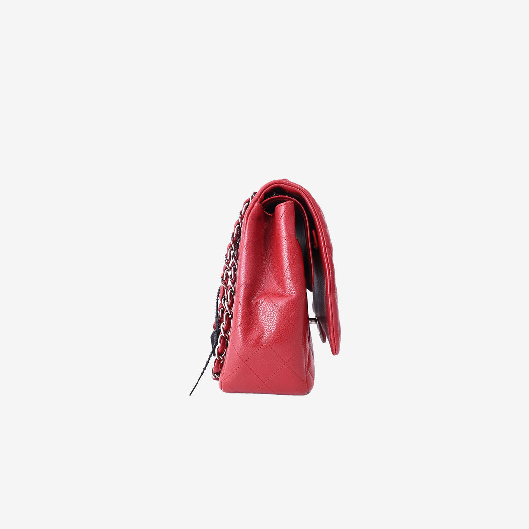 Chanel Classic Maxi Flap Bag in Red Caviar Leather with Silver Hardware