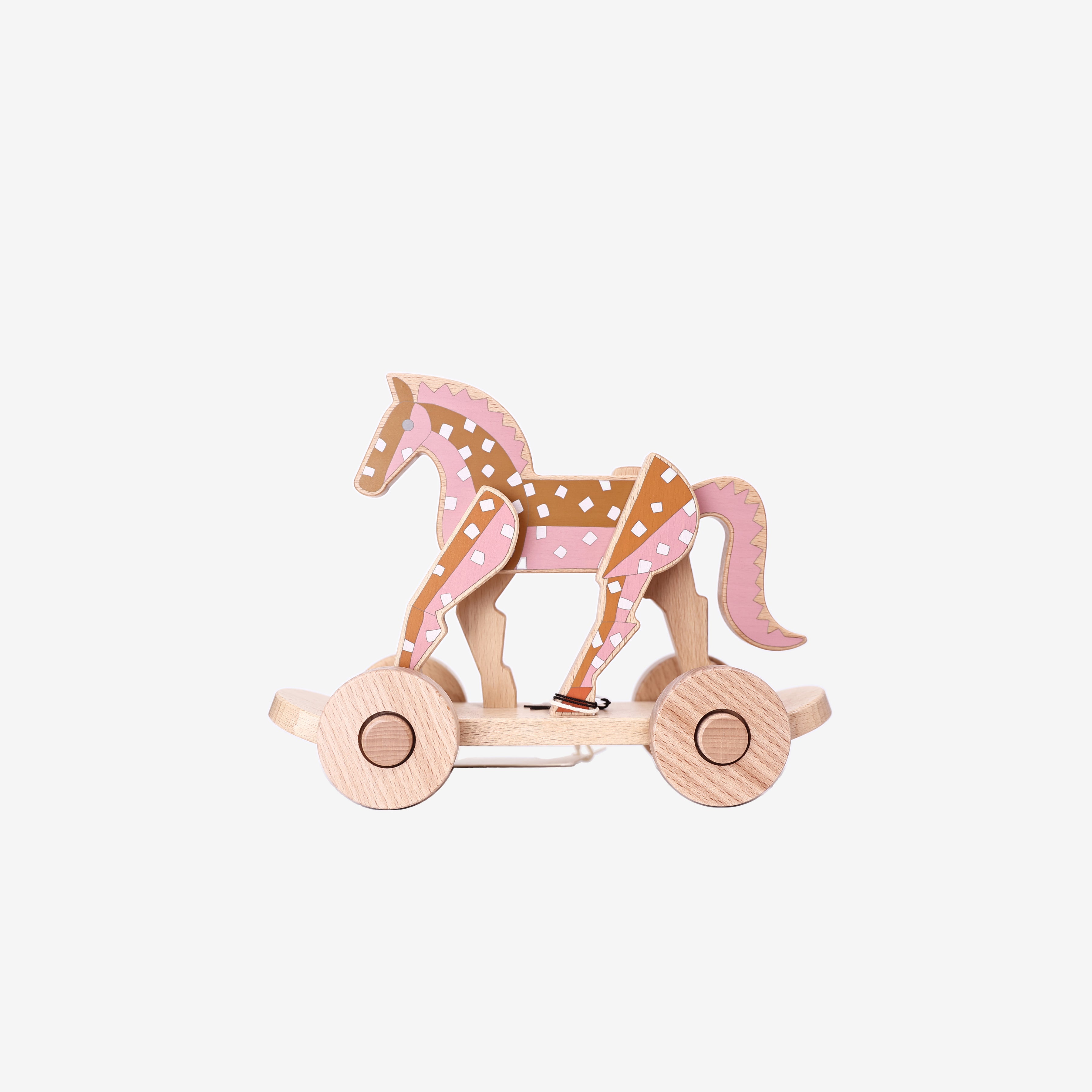 Hermès Épopée Pull-Along Horse in Rose/Orange Beechwood back view