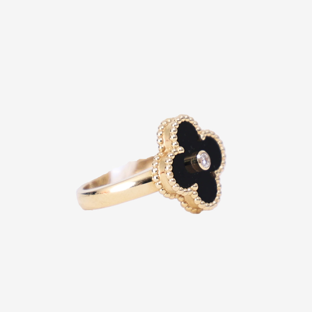 Van Cleef & Arpels Vintage Alhambra Ring in Black Onyx Yellow Gold with Diamond side view