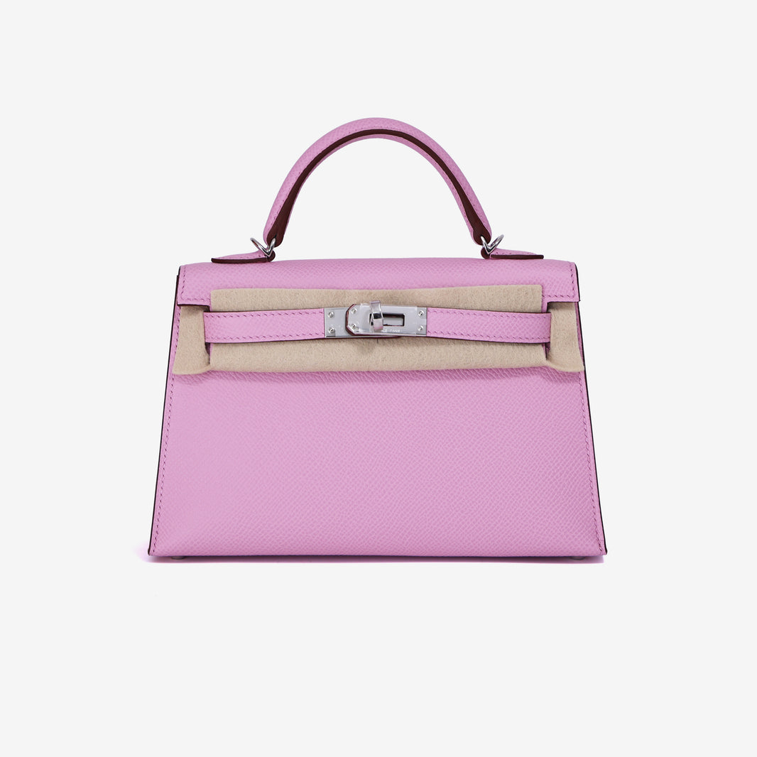 Hermès Mini Kelly 20 in Mauve Sylvestre Epsom Leather with Palladium Hardware front view