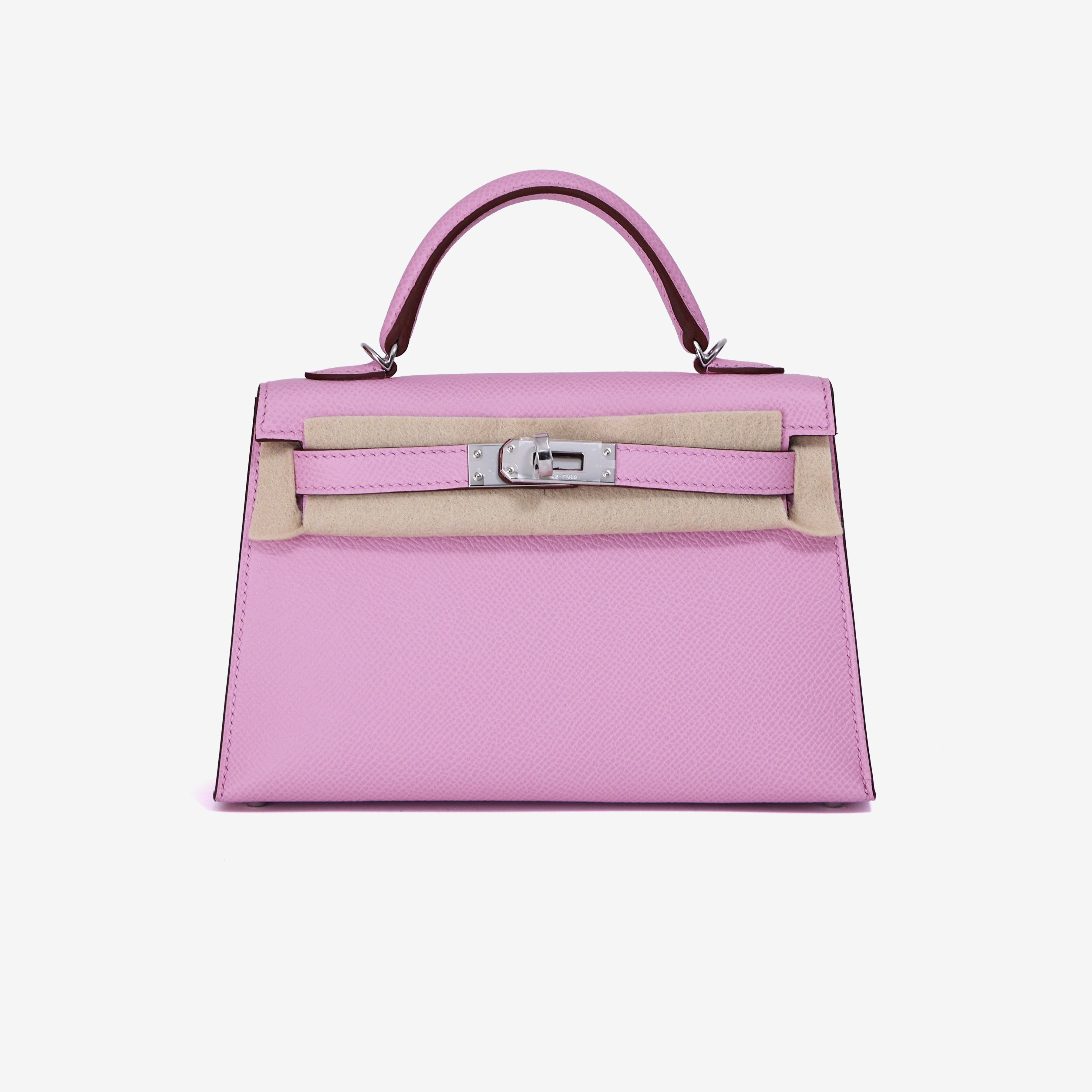 Hermès Mini Kelly 20 in Mauve Sylvestre Epsom Leather with Palladium Hardware front view