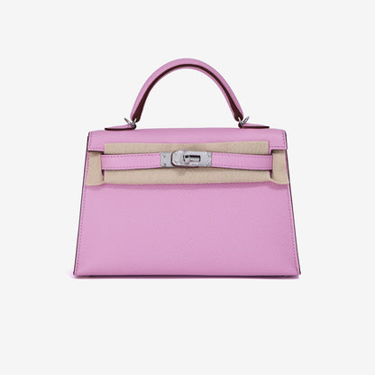 Hermès Mini Kelly 20 in Mauve Sylvestre Epsom Leather with Palladium Hardware front view