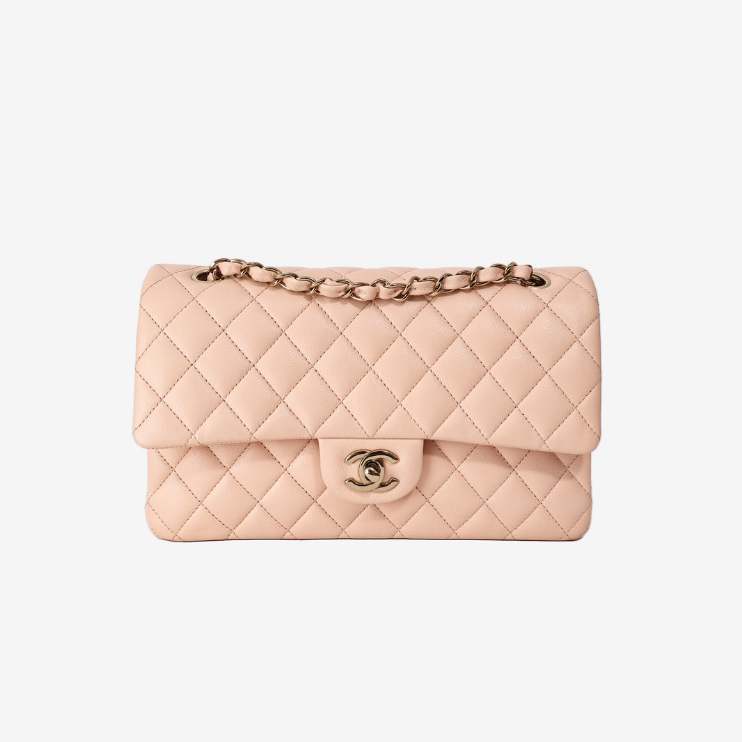 Chanel Medium Classic Double Flap Bag in Light Beige Caviar with Gold Hardware