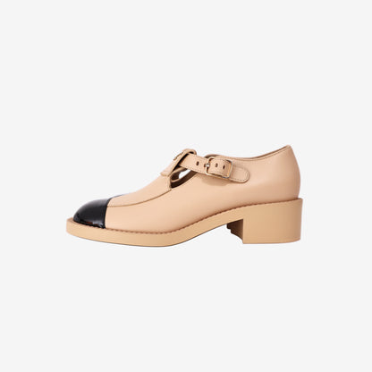 Chanel Mary Jane Flats in Beige Leather with Black Patent Cap-Toe (Size 38)