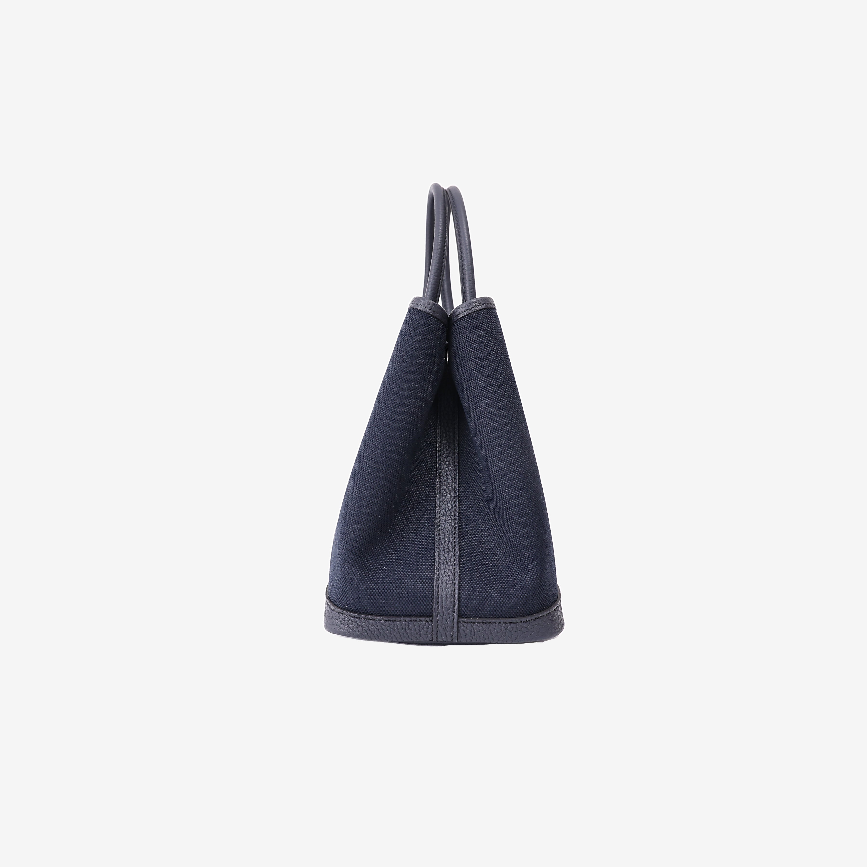 Hermès Garden Party 30 in Bleu Indigo Negonda Leather and Toile Canvas with Palladium Hardware side view