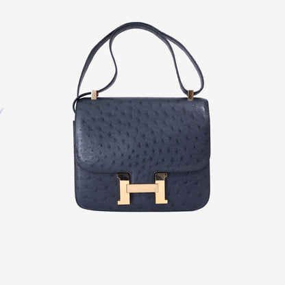 Hermès Constance 24 in Noir Ostrich Leather with Gold Hardware front view