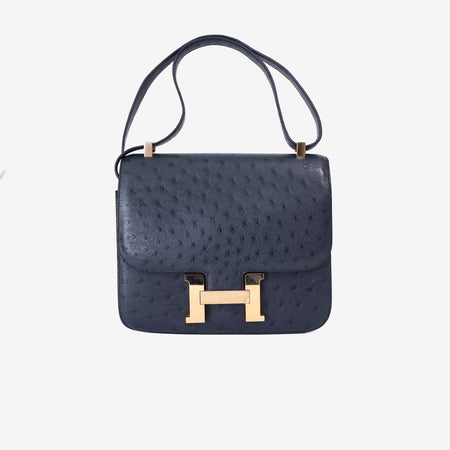 Hermès Constance 24 in Noir Ostrich Leather with Gold Hardware front view