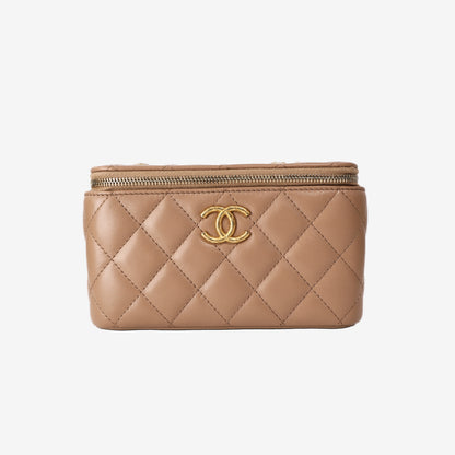Chanel Vanity Case in Beige Quilted Lambskin Leather with Gold Hardware