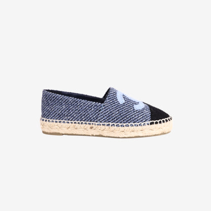 Chanel Tweed Espadrilles in Black and Blue Tweed with CC Detail (Size 36)