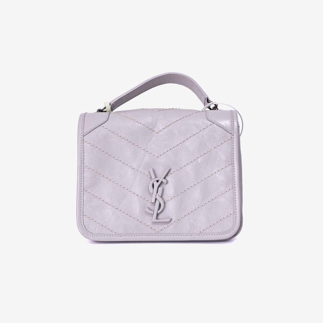 Saint Laurent Mini Niki Chain Shoulder Bag in Grey Calfskin Leather