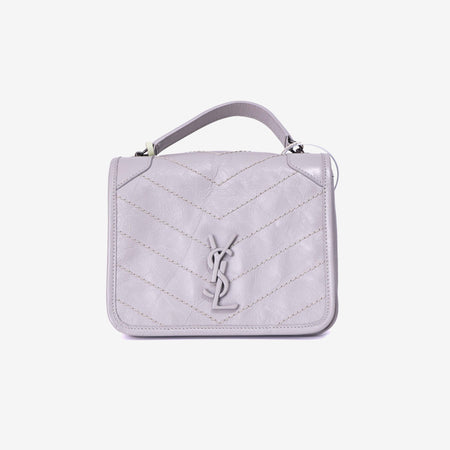 Saint Laurent Mini Niki Chain Shoulder Bag in Grey Calfskin Leather