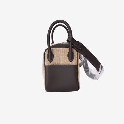 Hermès Mini Lindy Cargo in Ecru Toile Canvas and Ébène Swift Leather with Gold Hardware side view