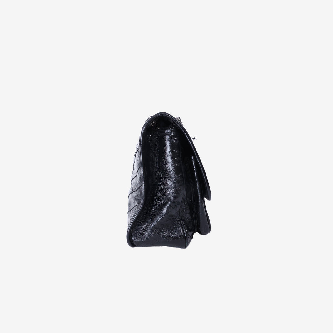 Saint Laurent Medium Niki Shoulder Bag in Black Crinkled Calfskin Leather with Silver Hardware