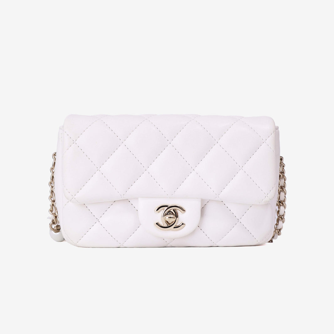 Chanel Pearl Crush Flap Bag in White Calfskin Leather with Gold Hardware front view