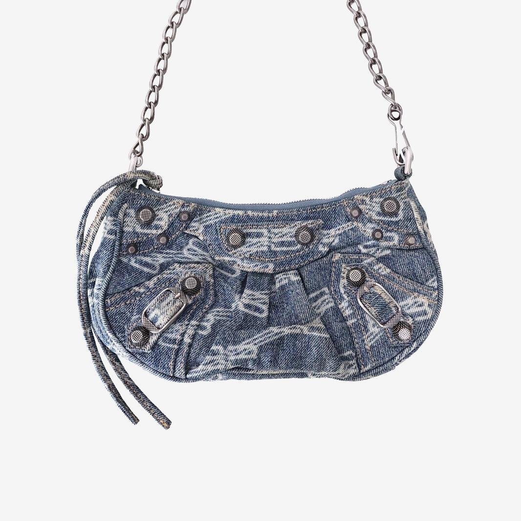 Balenciaga Le Cagole Mini Denim Bag in Blue Cotton Denim with Silver Hardware