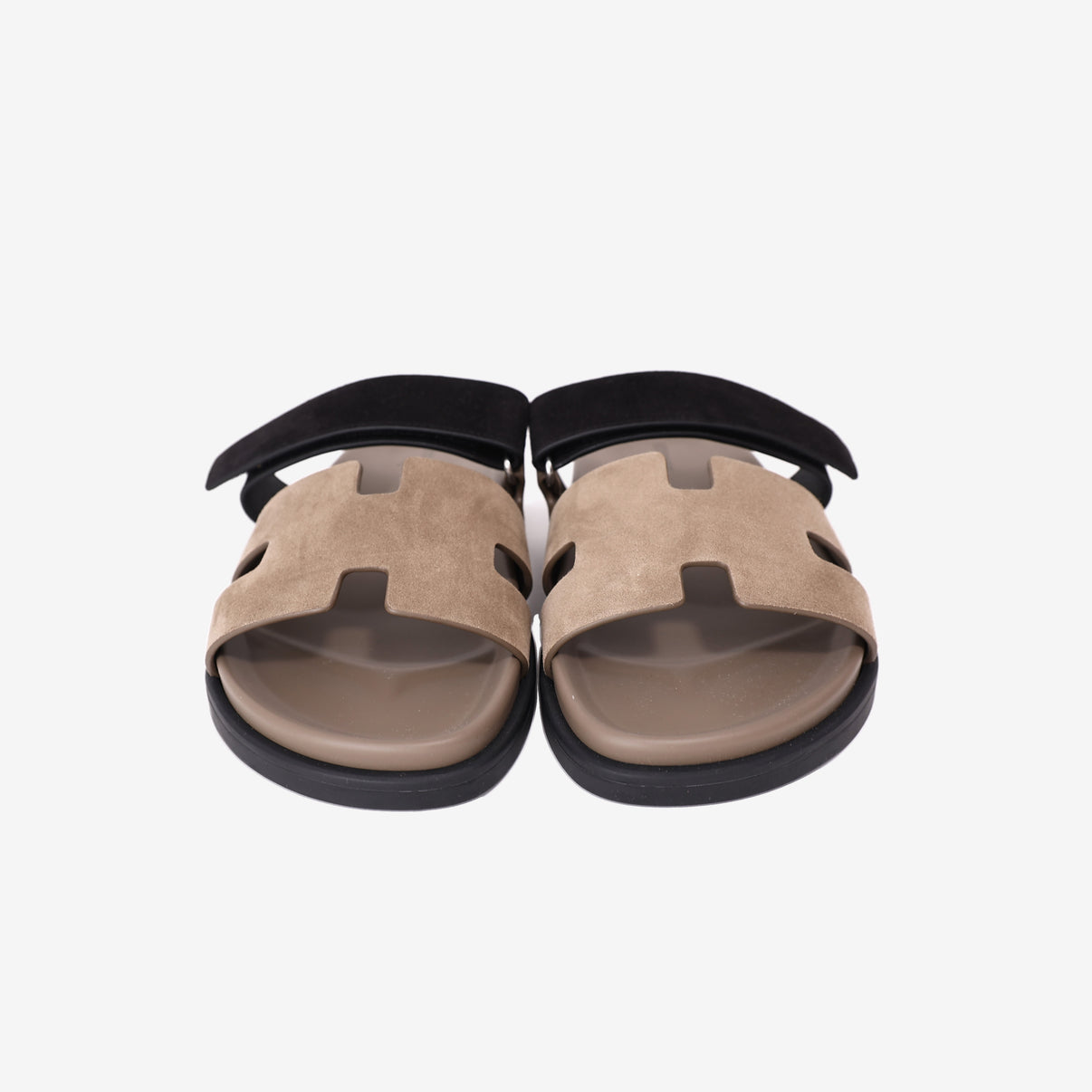 Hermès Chypre Techno-Sandals in Étoupe and Noir Suede Goatskin front view