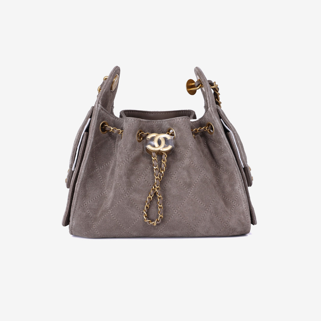Chanel 25 Small Handbag in Dark Grey Suede with Gold Hardware front view