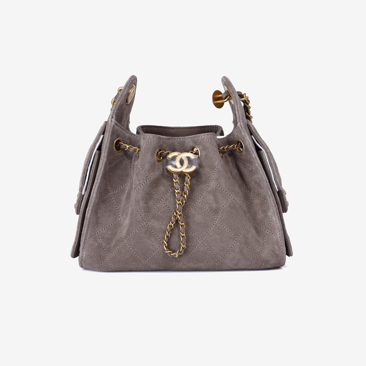 Chanel 25 Small Handbag in Dark Grey Suede with Gold Hardware front view