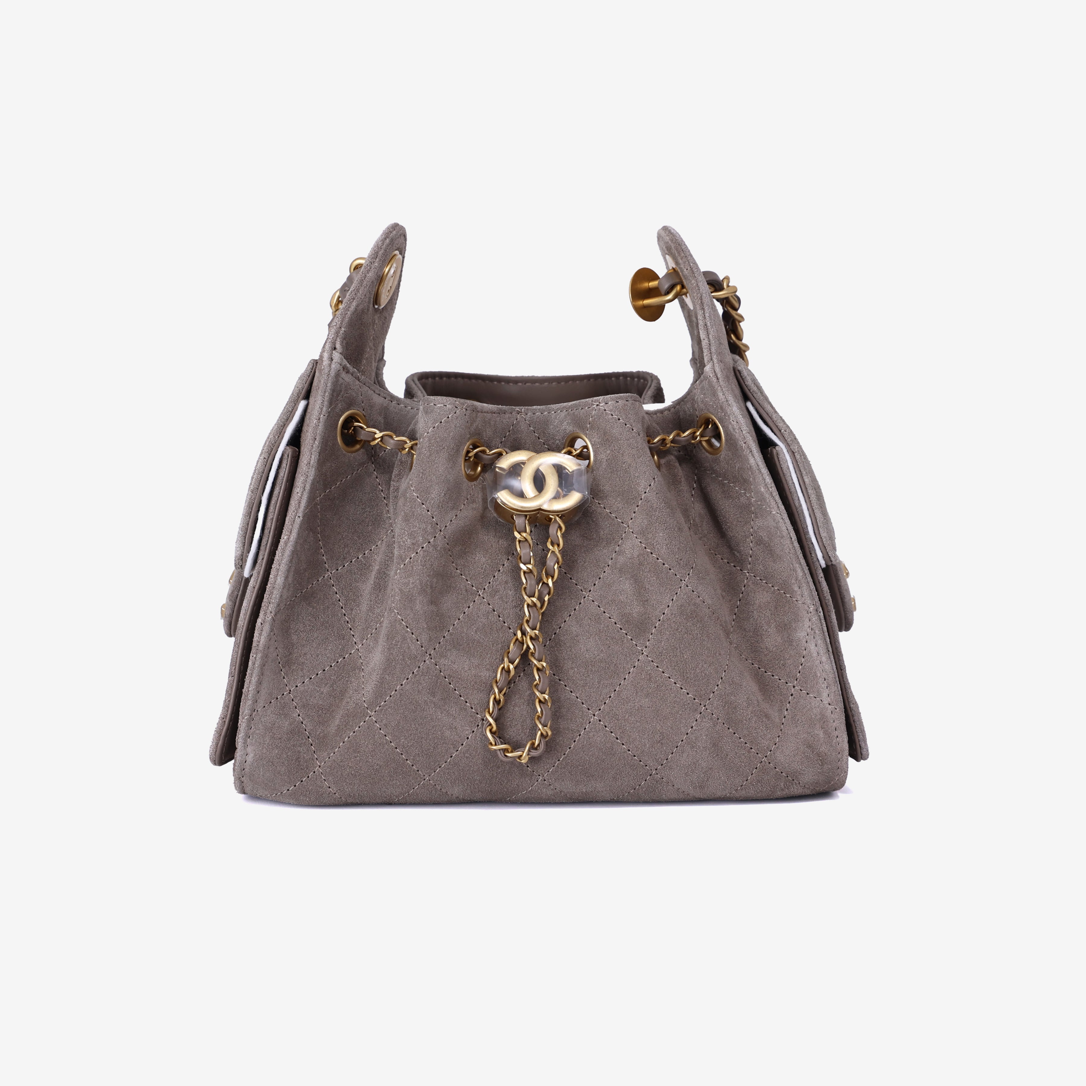Chanel 25 Small Handbag in Dark Grey Suede with Gold Hardware front view