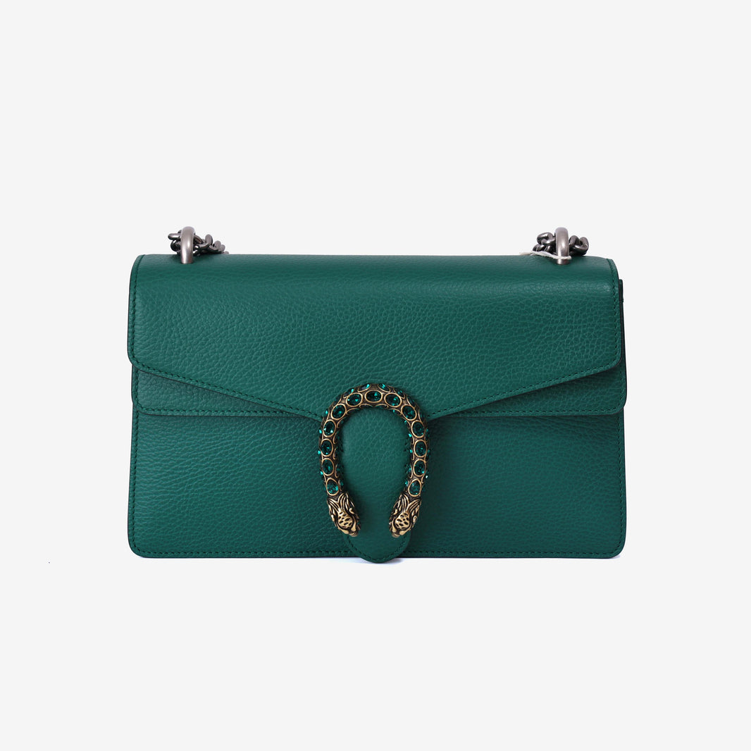 Gucci Dionysus Small Shoulder Bag in Green Grained Calfskin Leather with Silver Hardware front view