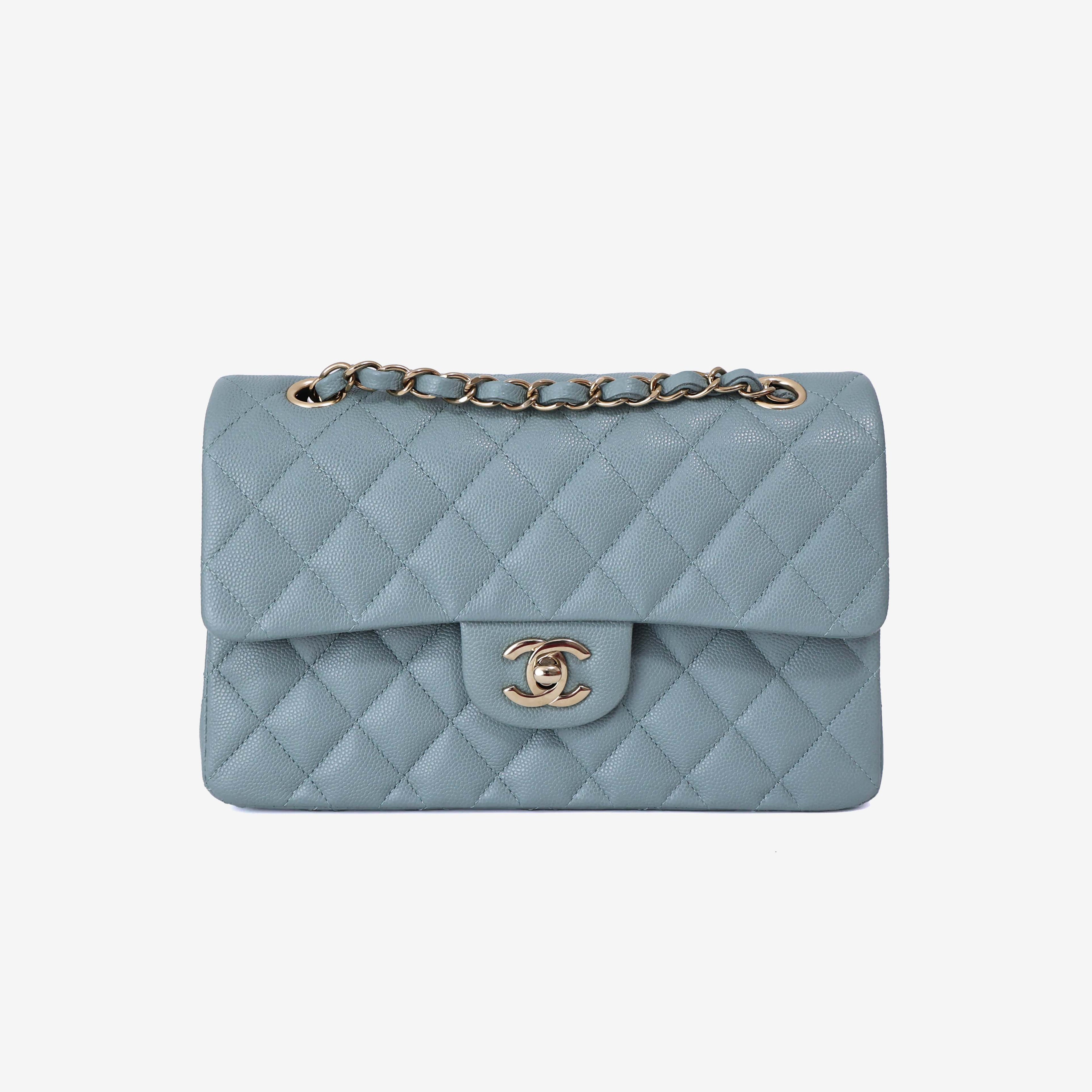 Chanel Classic Small Double Flap in Light Green Caviar Leather with Gold Hardware front view