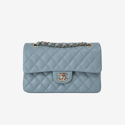 Chanel Classic Small Double Flap in Light Green Caviar Leather with Gold Hardware front view