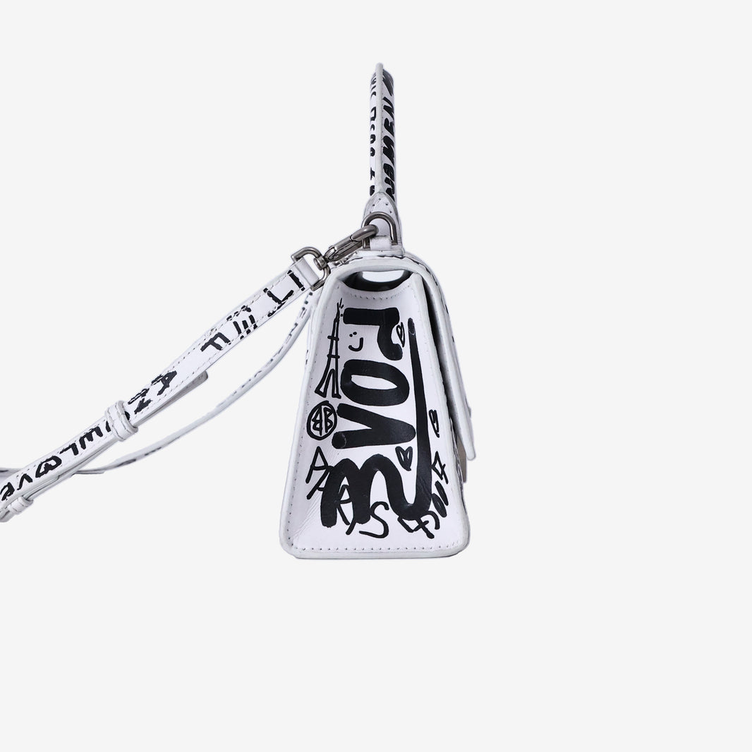 Balenciaga Hourglass XS Top Handle Bag in White Graffiti Print Leather with Silver Hardware