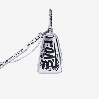 Balenciaga Hourglass XS Top Handle Bag in White Graffiti Print Leather with Silver Hardware