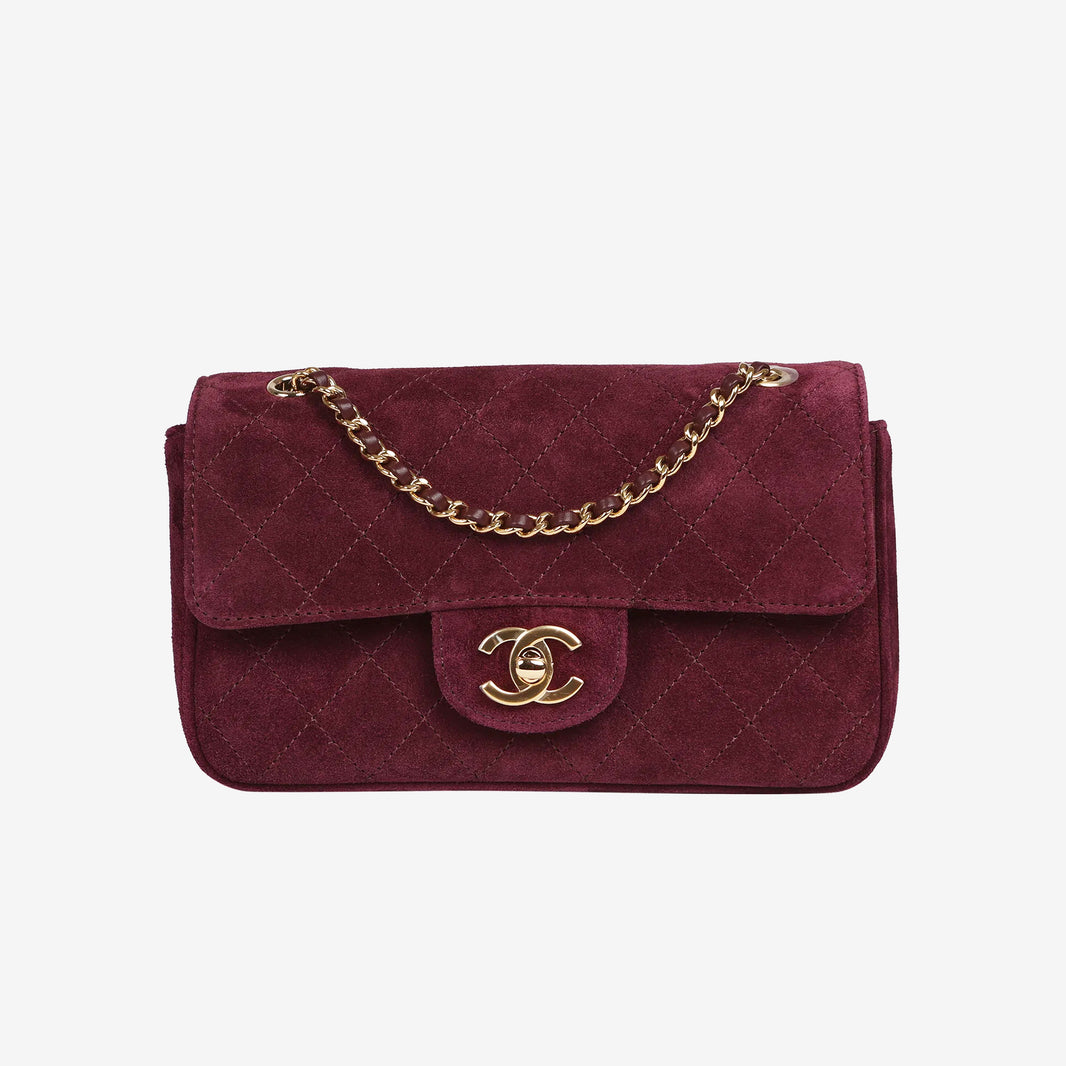 Chanel 26B Mini “Souplissimo” Flap Bag in Burgundy Suede with Gold Hardware