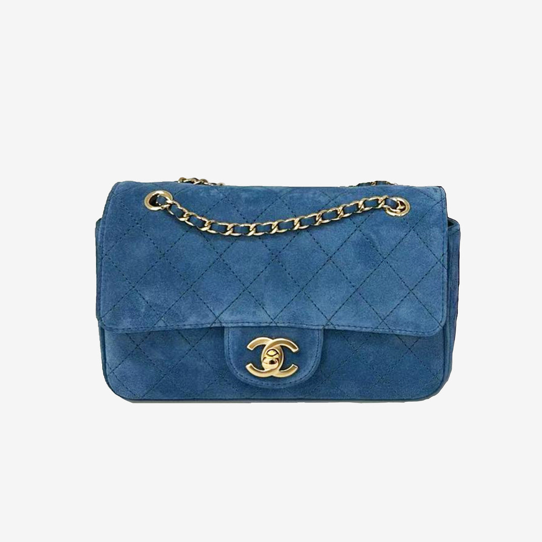 Chanel 26B Mini “Souplissimo” Flap Bag in Blue Suede with Gold Hardware