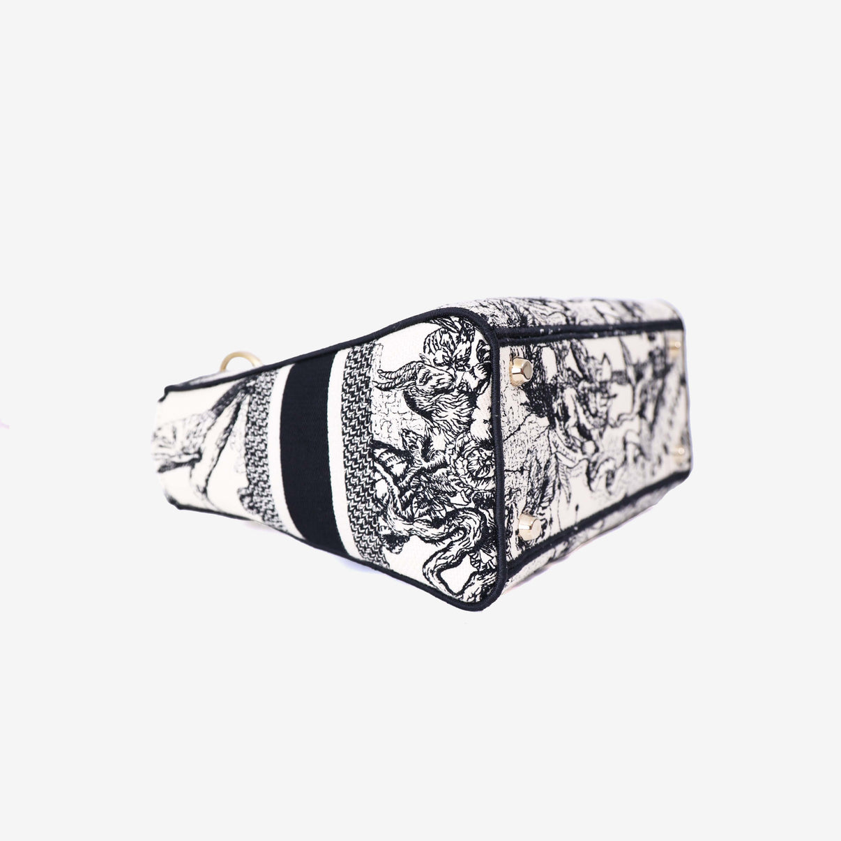 Dior Medium Lady D-Lite Zodiac Embroidered Bag in White/Black Canvas with Gold Hardware bottom side view